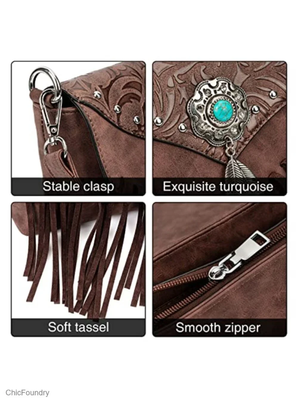 Small Faux Leather Crossbody Bag with Fringe Tassel and Turquoise Concho